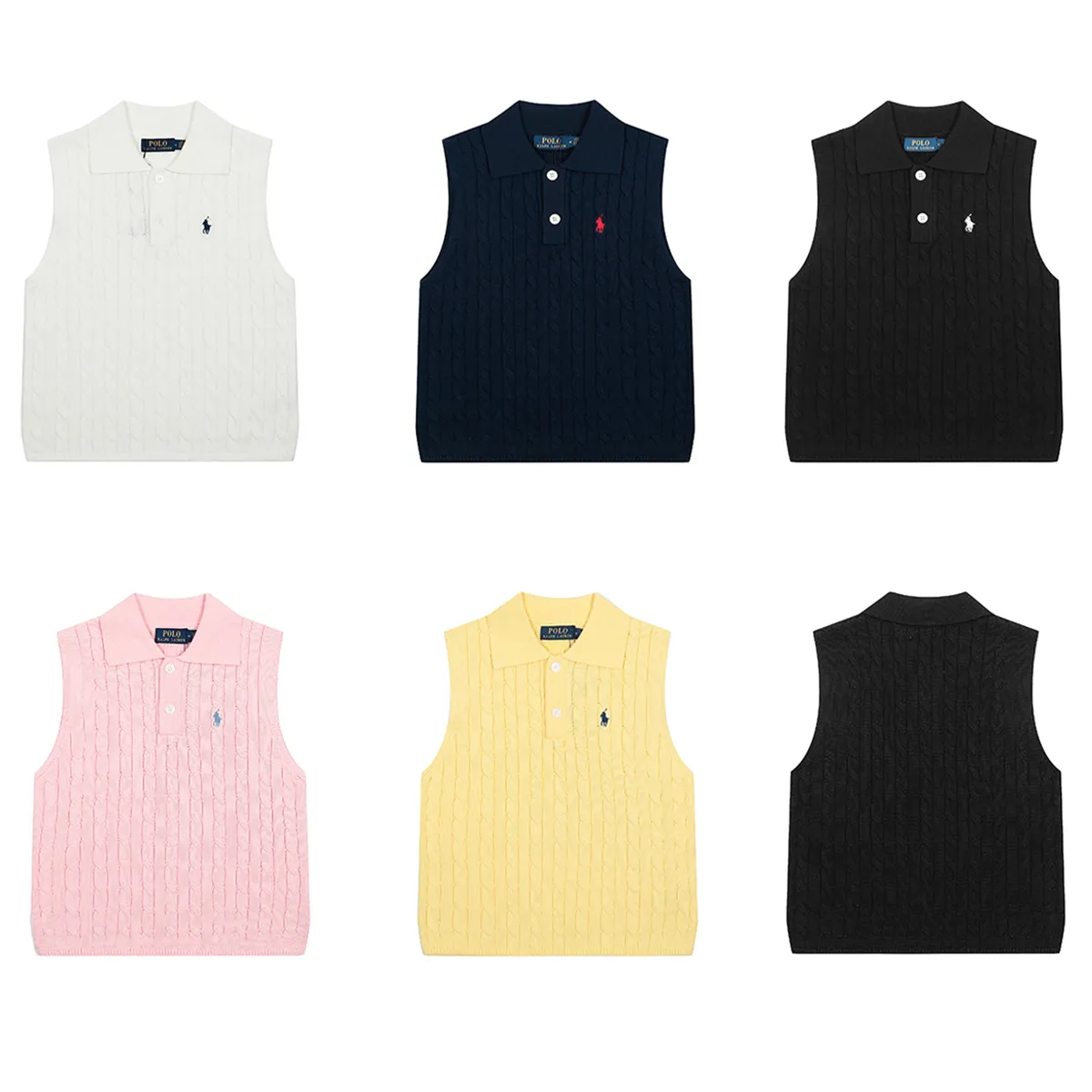 P160 RALPH LAUREN Ralph Lauren five-color classic small label embroidery polo collar sleeveless button pullover knitted sweater women's top. Pure original high-density LOGO embroidery on the chest, original 1:1 customized tag accessories. Made of pure cotton yarn and multi-knitted, pure cotton is skin-friendly and comfortable, small label war horse embroidered twist button polo neck sweater 🐎 high quality, follow the blogger to learn how to wear it! Let’s buy a Ralph Lauren cable sweater. It’s a super hard-to-find series after it became popular. It’s hard to find one on the official website. It’s simple and practical, has a lazy and loose feel, soft and delicate feel, and has a loose fit. Whether worn alone or layered, you can wear a simple one to create different styles of fashion!   Size: S M L XL Color: White Yellow Pink Black Navy